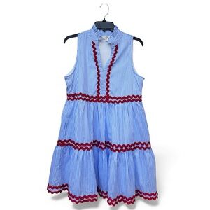 ENTRO Ric Rac Matilda Mini Dress Blue White Striped Ruffle V Neck Cotton Small